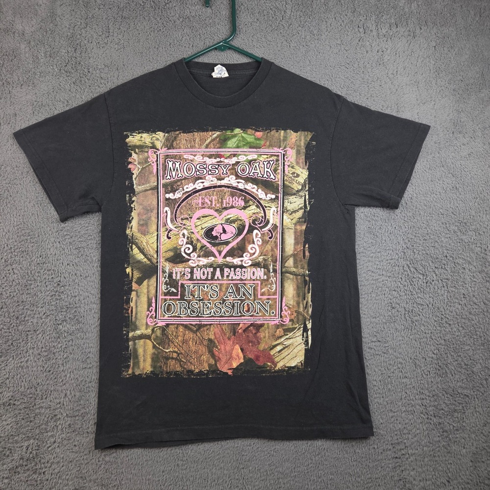 Mossy Oak T Shirt Women's Medium Black Camo Pink Short Sleeve Hunting Outdoors